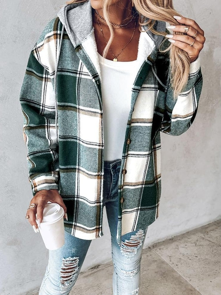 Women's Plaid Button Down Fleece Lined Hooded Jackets