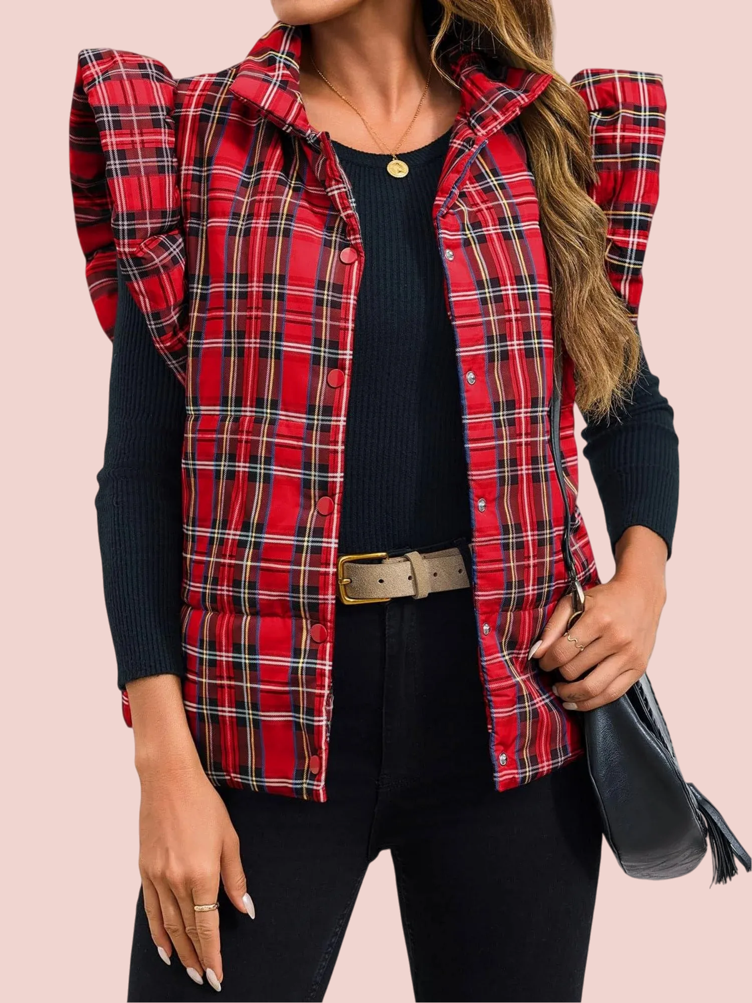 Women's Christmas Ruffle Sleeveless Plaid Vest